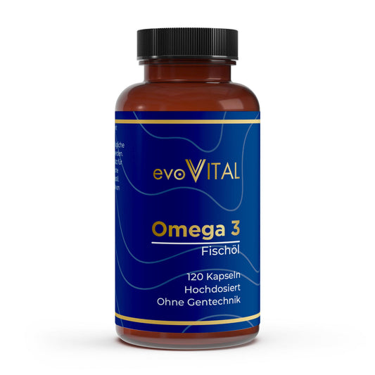 Vorderansicht der evoVital Braunglasflasche mit 120 hochdosierten Omega-3-Fischöl-Softgel-Kapseln, 1400mg EPA und DHA in Triglycerid-Form, geruchsarm.