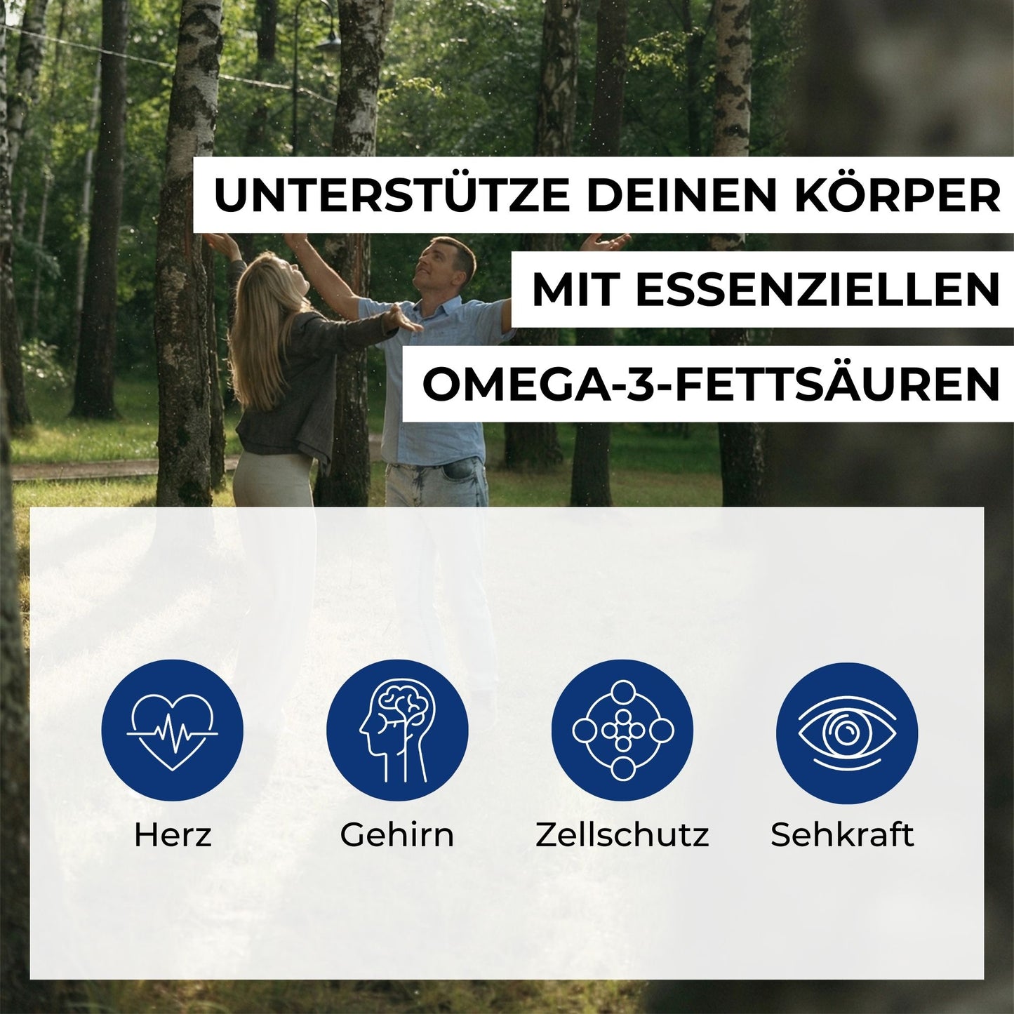 Infografik zu den Vorteilen von Omega-3-Fischöl: Unterstützung für Herzfunktion, Gehirnfunktion, Sehkraft und Zellschutz durch EPA, DHA und Vitamin E.