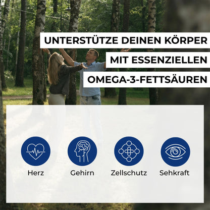 Infografik zu den Vorteilen von Omega-3-Fischöl: Unterstützung für Herzfunktion, Gehirnfunktion, Sehkraft und Zellschutz durch EPA, DHA und Vitamin E.