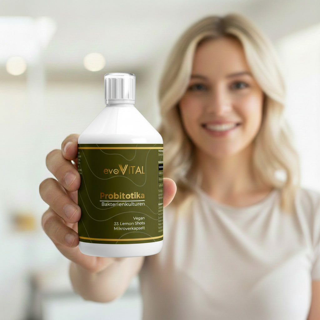 Eine Hand hält die Flasche des Probiotika-Shots mit mikroverkapselten Bakterienkulturen und Vitamin C für das Immunsystem – 33 Portionen.
