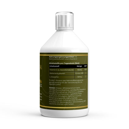 Transparente Übersicht der Inhaltsstoffe pro Portion: Hochdosierte mikroverkapselte Bakterienkulturen mit Vitamin C in veganem Probiotika-Shot.