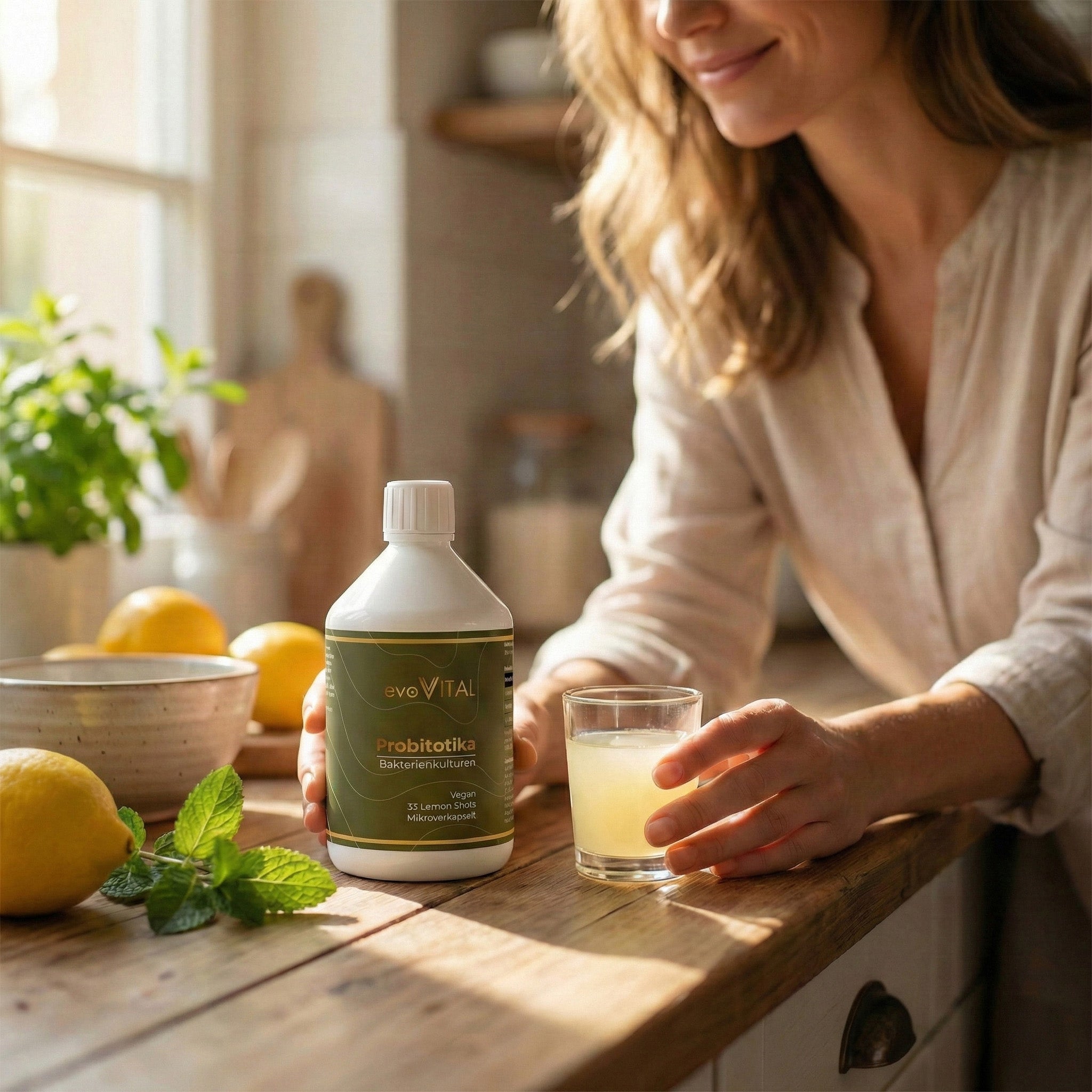 Lifestyle-Aufnahme: Die Probiotika-Shot-Flasche in natürlicher Umgebung als tägliches veganes Supplement für Darmflora und Immunsystem.