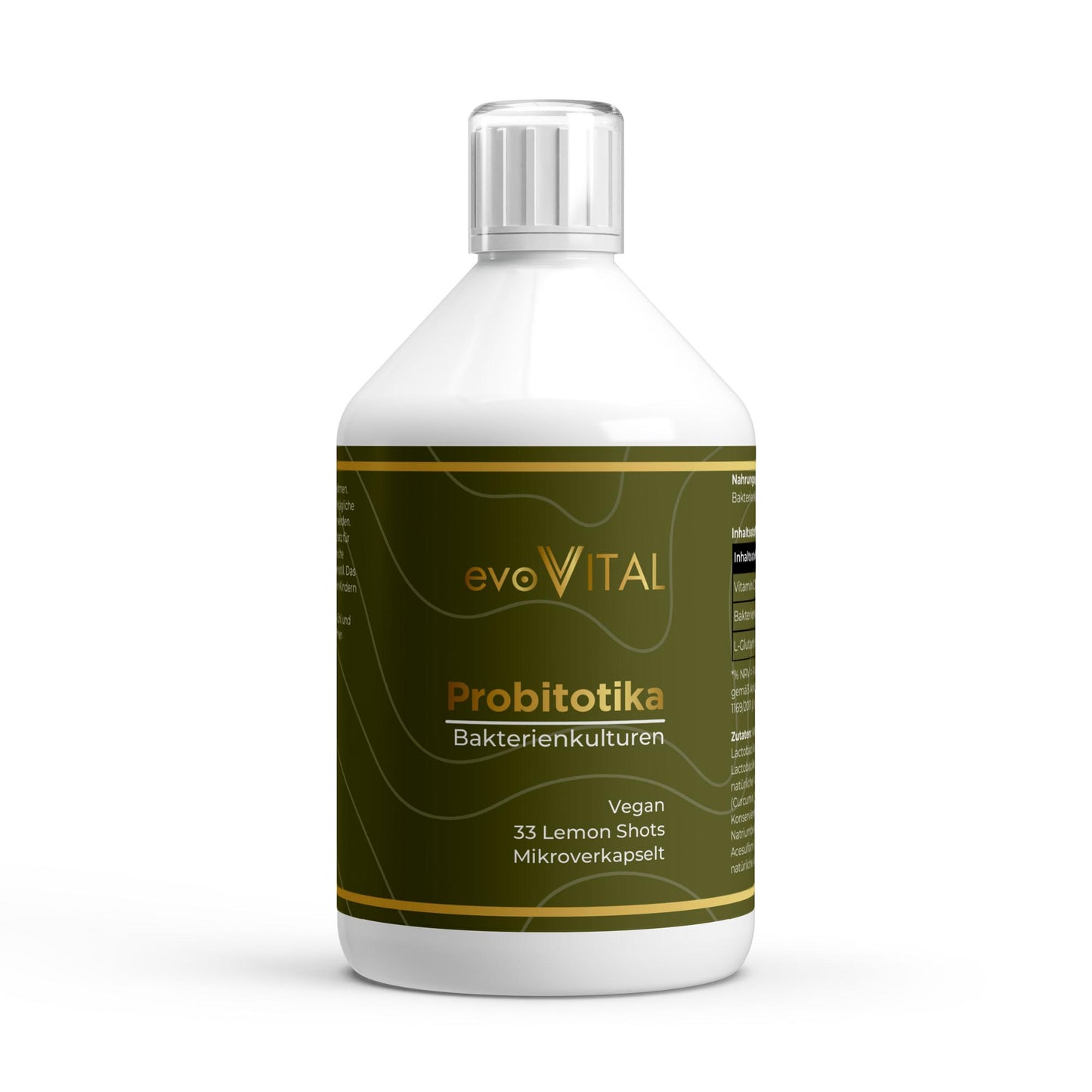 Vorderansicht der evoVital Probiotika-Shot-Flasche mit 500ml hochdosiertem flüssigem Probiotikum, 10 Milliarden KBE, vegan mit Zitronengeschmack.