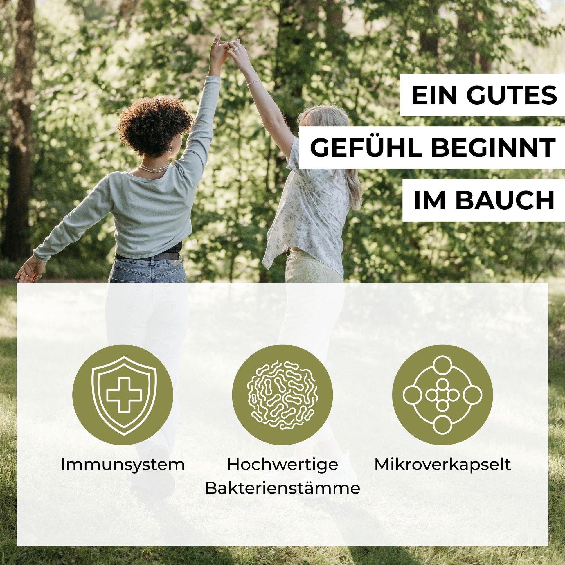 Infografik zu den Vorteilen des Probiotika-Shots: 10 Milliarden KBE mikroverkapselte Bakterienkulturen mit Vitamin C für Darmflora und Immunsystem.