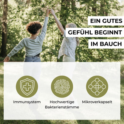 Infografik zu den Vorteilen des Probiotika-Shots: 10 Milliarden KBE mikroverkapselte Bakterienkulturen mit Vitamin C für Darmflora und Immunsystem.