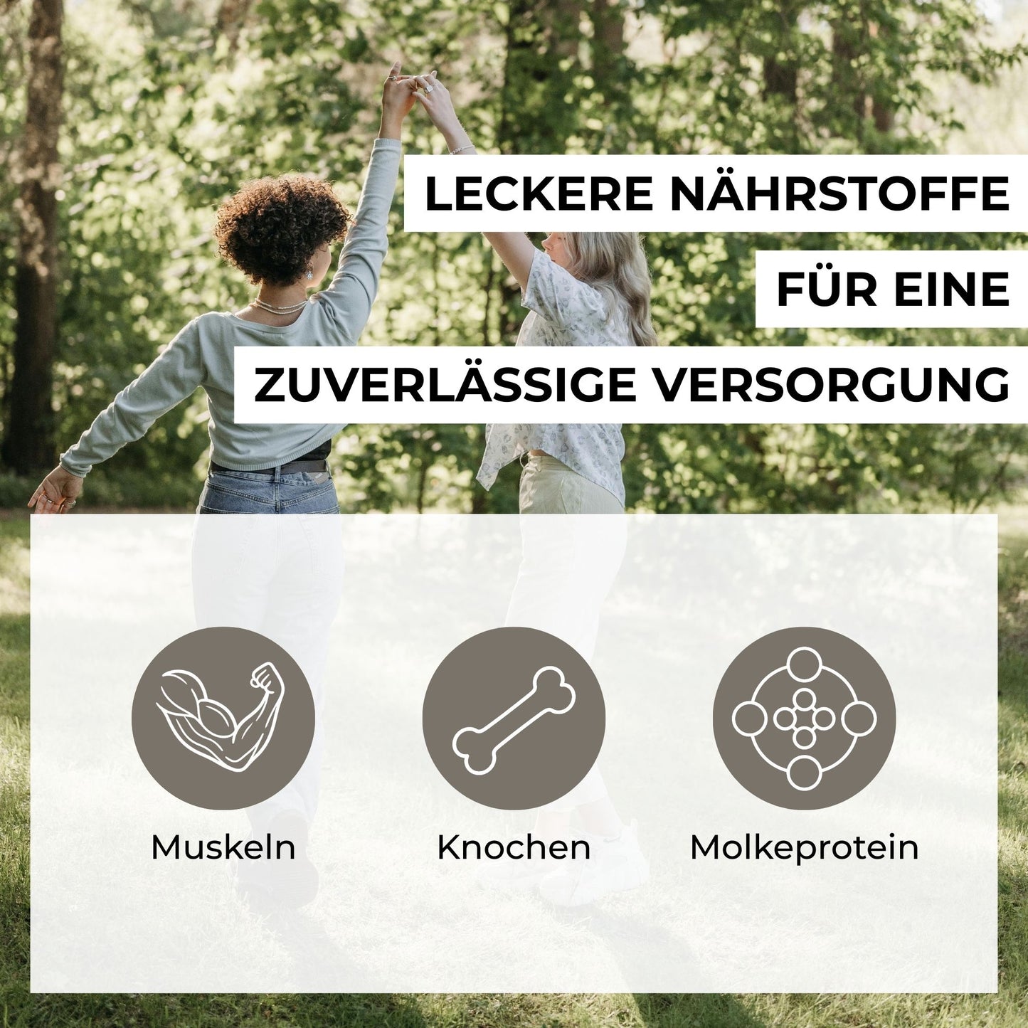 Infografik zu den Vorteilen von Whey-Protein: Unterstützung für Muskelaufbau, Erhaltung von Muskelmasse und normalen Knochen durch hochwertiges Molkeprotein.