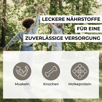 Infografik zu den Vorteilen von Whey-Protein: Unterstützung für Muskelaufbau, Erhaltung von Muskelmasse und normalen Knochen durch hochwertiges Molkeprotein.