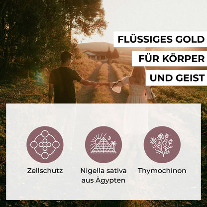 Infografik zu den Vorteilen von Schwarzkümmelöl: Kaltgepresstes ägyptisches Nigella Sativa mit Omega-6-Fettsäuren, Thymochinon und Vitamin E für Zellschutz.