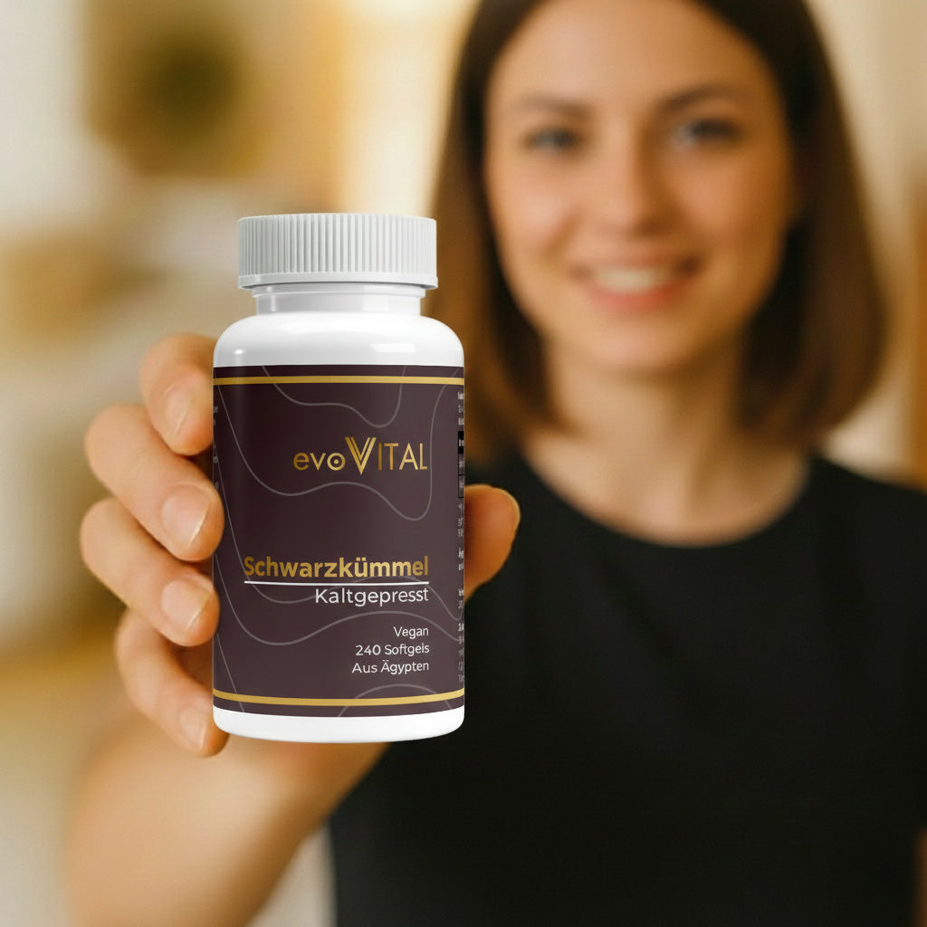 Eine Hand hält die Supplement-Dose der Schwarzkümmelöl-Softgel-Kapseln mit Omega-6-Fettsäuren, Thymochinon und Vitamin E – 120 Portionen.