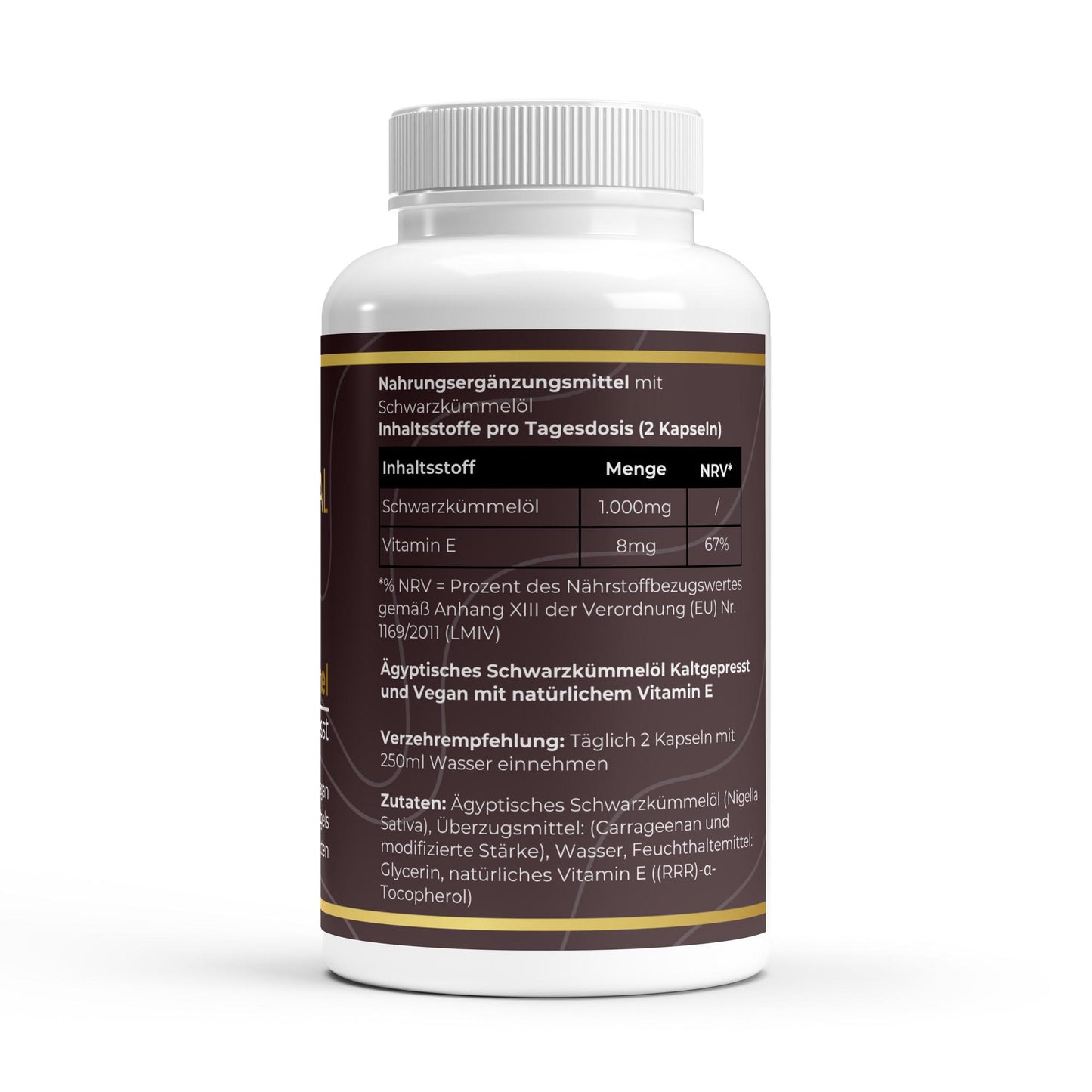 Transparente Übersicht der Inhaltsstoffe pro Portion: Hochdosiertes kaltgepresstes Schwarzkümmelöl mit Omega-6-Fettsäuren und Vitamin E in Softgel-Kapseln.