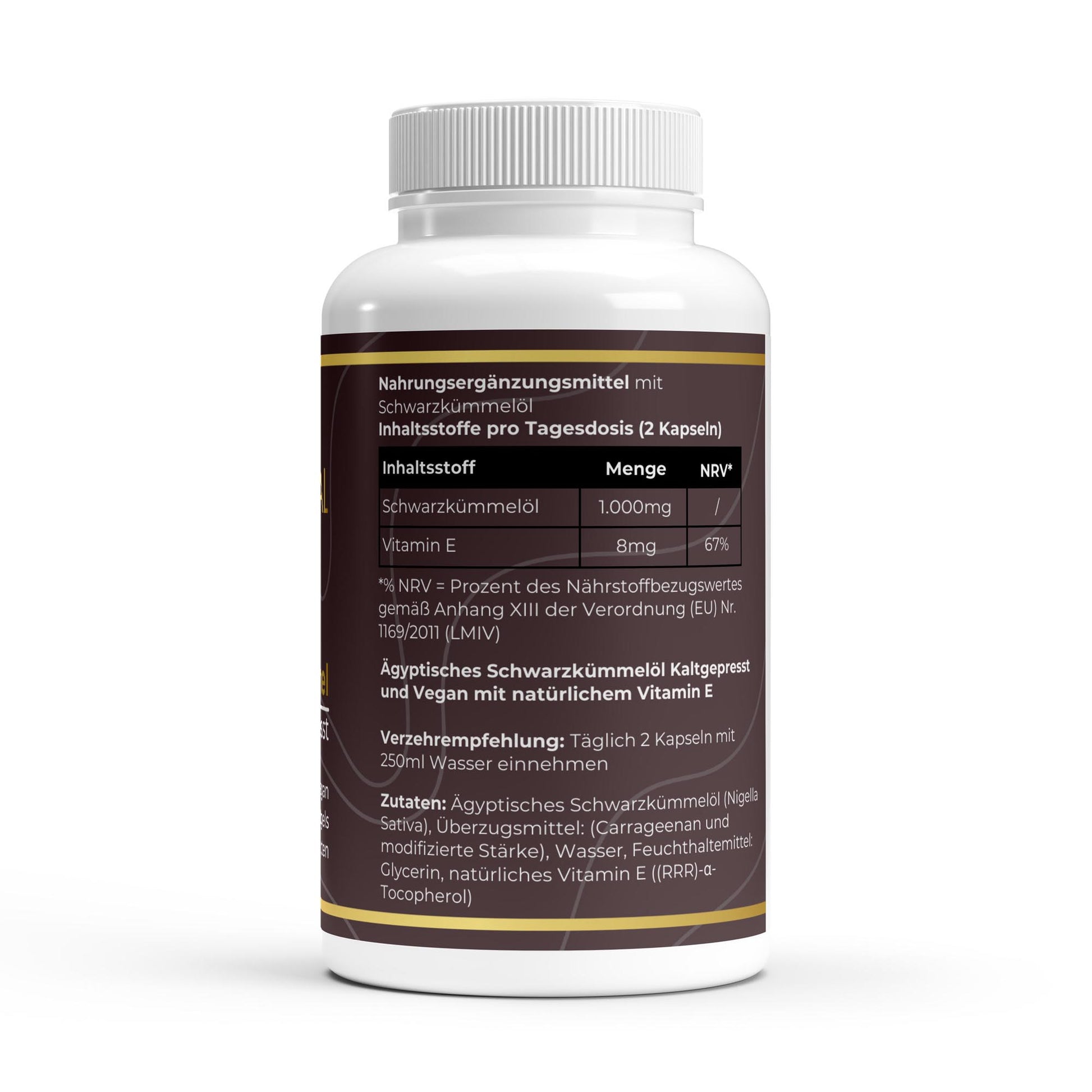 Transparente Übersicht der Inhaltsstoffe pro Portion: Hochdosiertes kaltgepresstes Schwarzkümmelöl mit Omega-6-Fettsäuren und Vitamin E in Softgel-Kapseln.