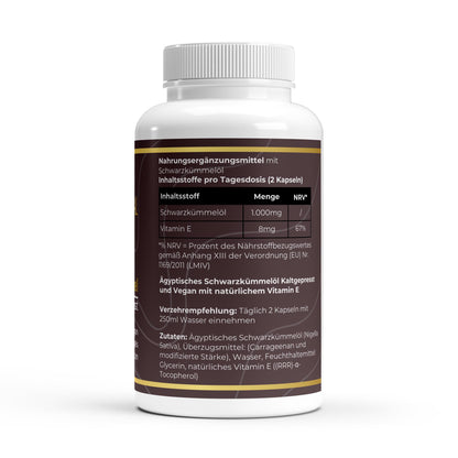 Transparente Übersicht der Inhaltsstoffe pro Portion: Hochdosiertes kaltgepresstes Schwarzkümmelöl mit Omega-6-Fettsäuren und Vitamin E in Softgel-Kapseln.