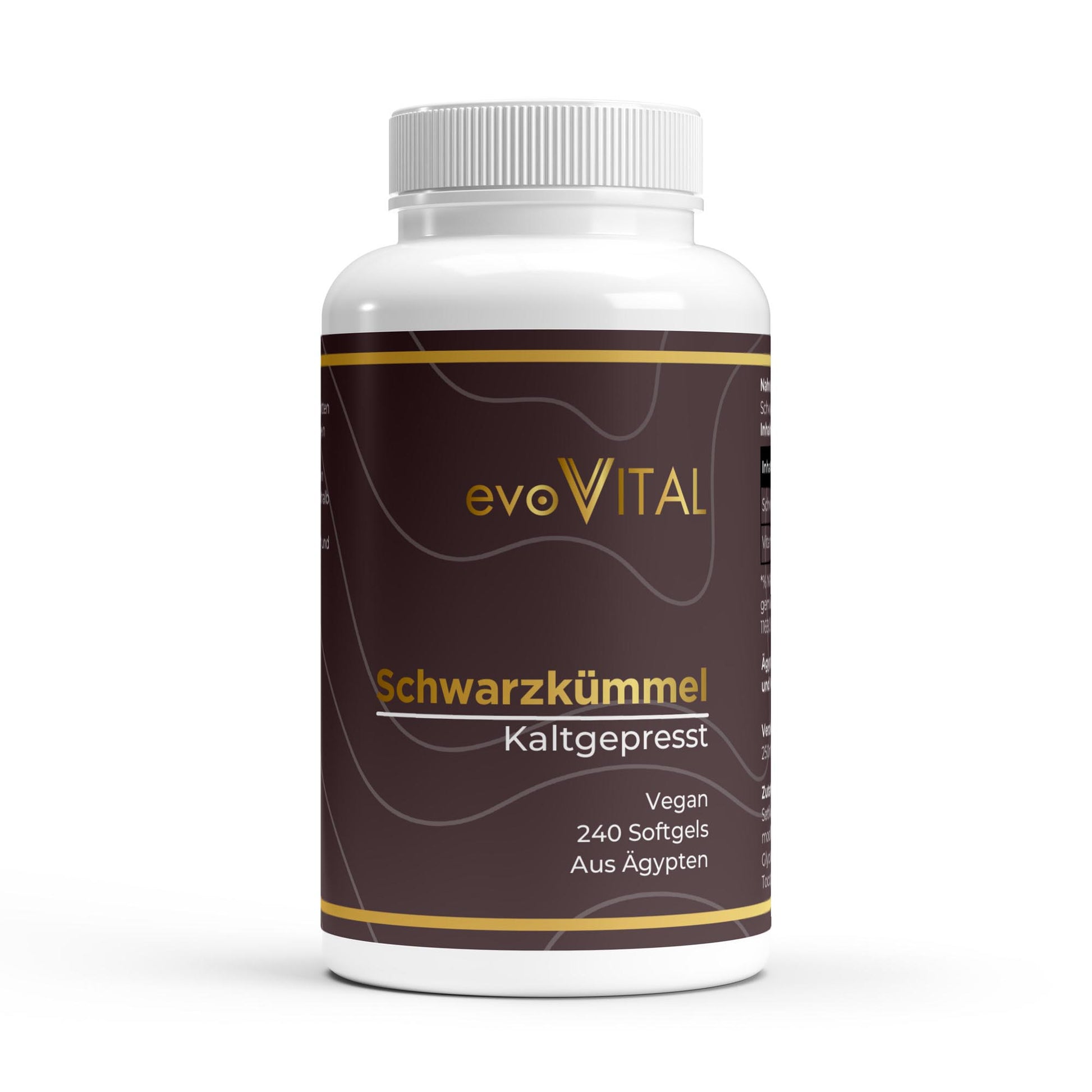 Vorderansicht der evoVital Dose mit 240 hochdosierten Schwarzkümmelöl-Softgel-Kapseln aus ägyptischem Nigella Sativa, kaltgepresst und vegan.