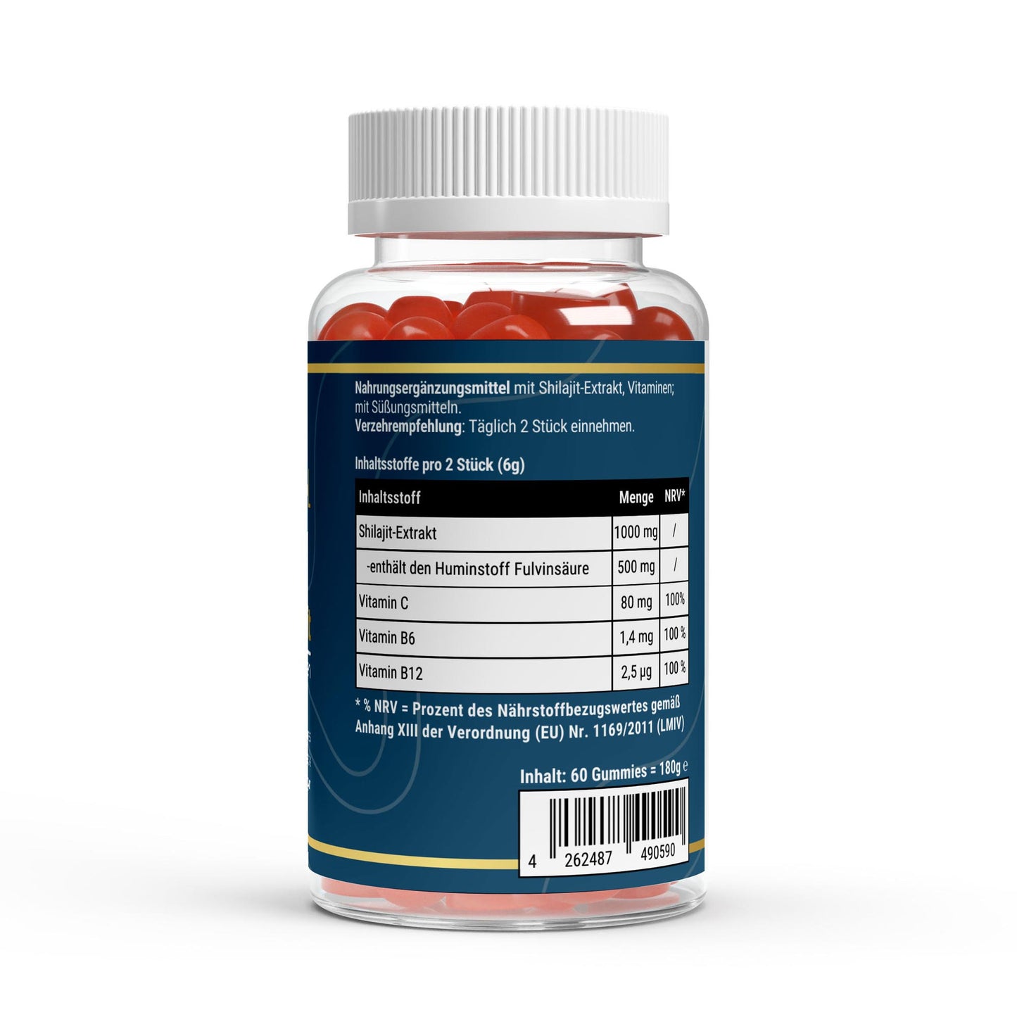Transparente Übersicht der Inhaltsstoffe pro Portion: Shilajit-Extrakt mit Vitamin C, B6 und B12 in veganen Gummies ohne Zuckerzusatz.
