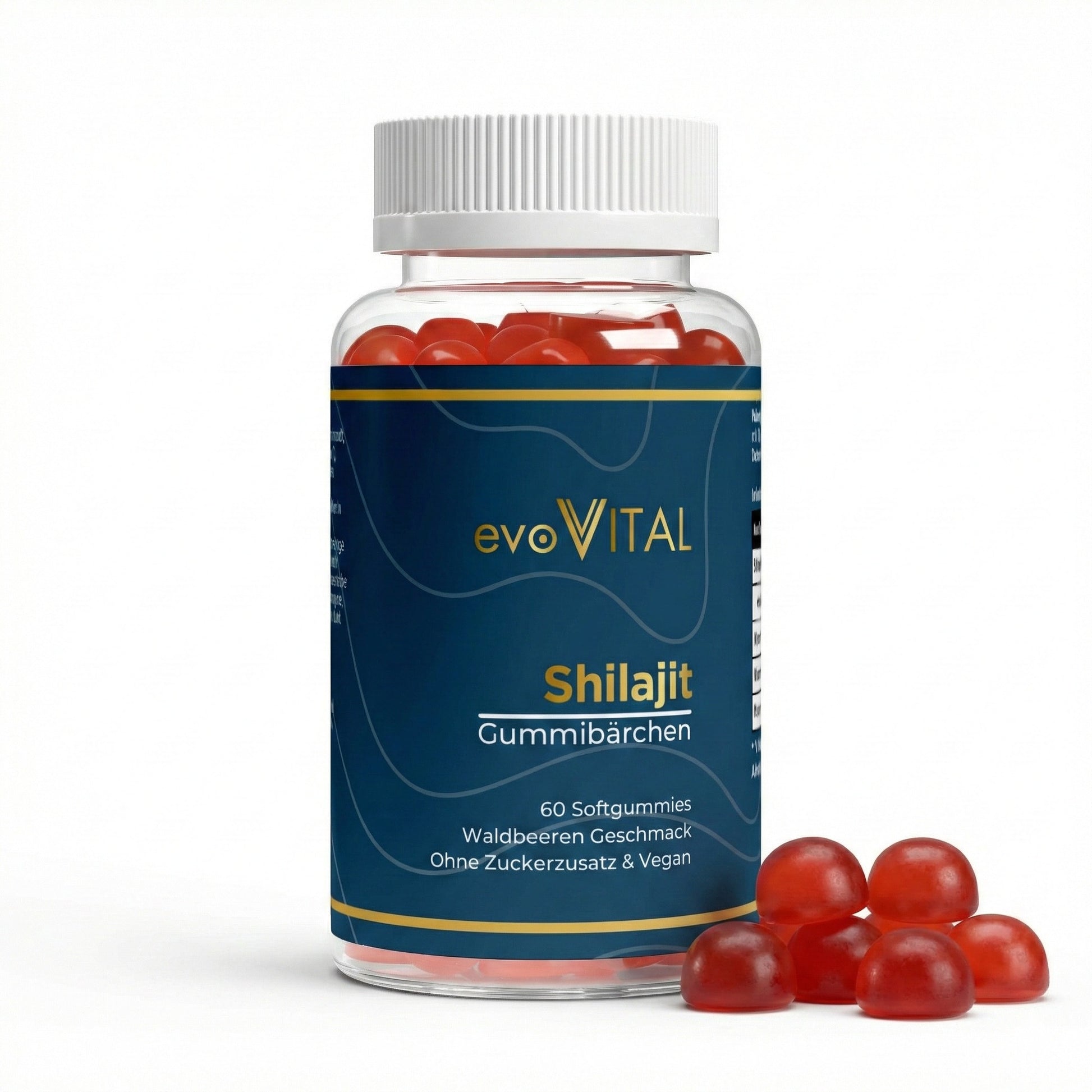 Vorderansicht der evoVital Shilajit-Gummies-Dose mit 60 veganen Gummibärchen in Beeren-Geschmack, zuckerfrei mit Vitamin C, B6 und B12 für 30 Portionen.