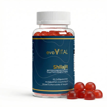 Vorderansicht der evoVital Shilajit-Gummies-Dose mit 60 veganen Gummibärchen in Beeren-Geschmack, zuckerfrei mit Vitamin C, B6 und B12 für 30 Portionen.