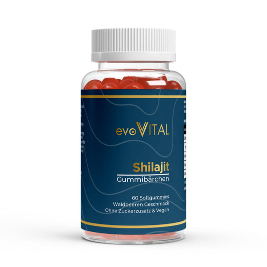 Vorderansicht der evoVital Shilajit-Gummies-Dose mit 60 veganen Gummibärchen in Beeren-Geschmack, zuckerfrei mit Vitamin C, B6 und B12 für 30 Portionen.