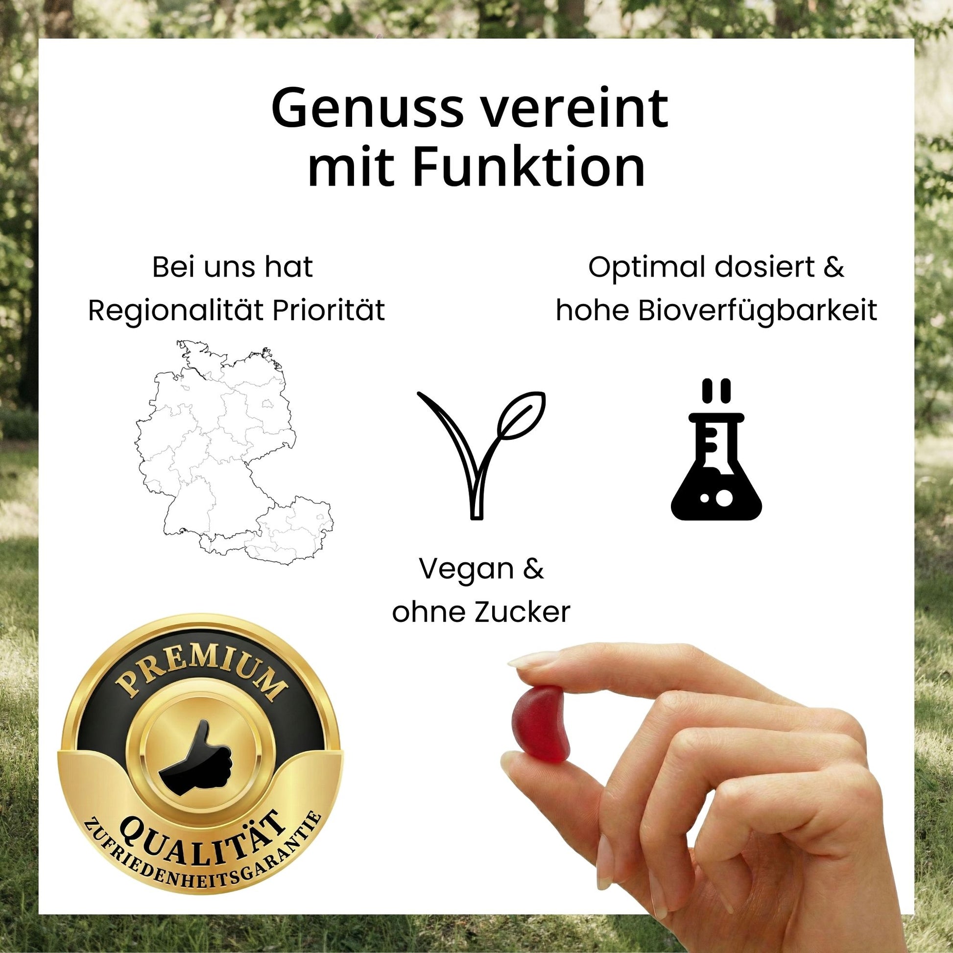 Infografik zu den evoVital Qualitätsmerkmalen: Vegane Premium-Gummies ohne Zuckerzusatz mit Beeren-Geschmack, hergestellt aus laborgeprüften Rohstoffen, mit Zufriedenheitsgarantie.