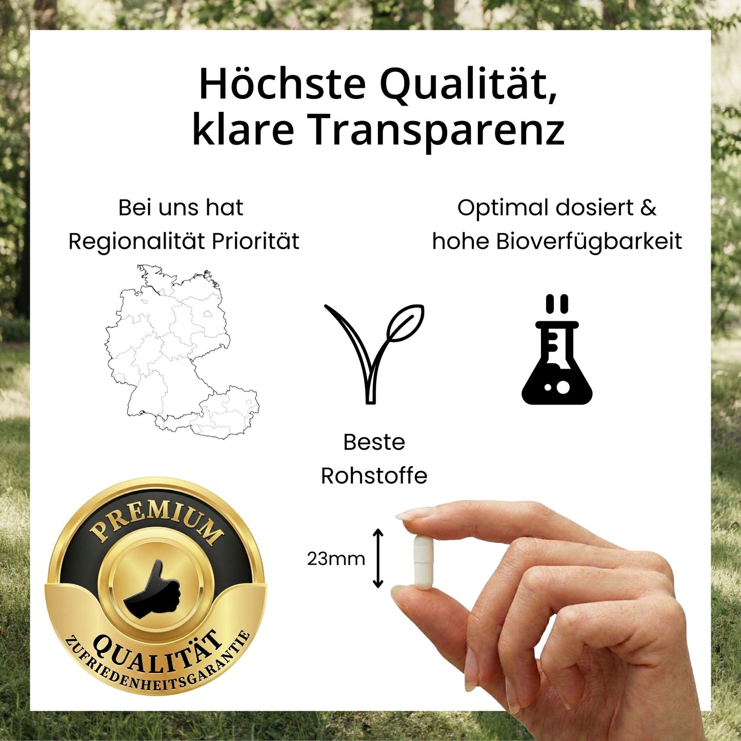 Infografik zu den evoVital Qualitätsmerkmalen: Hochdosierte Premium-Nahrungsergänzung in Kapselform, hergestellt aus laborgeprüften und optimal bioverfügbaren Rohstoffen, mit Zufriedenheitsgarantie.