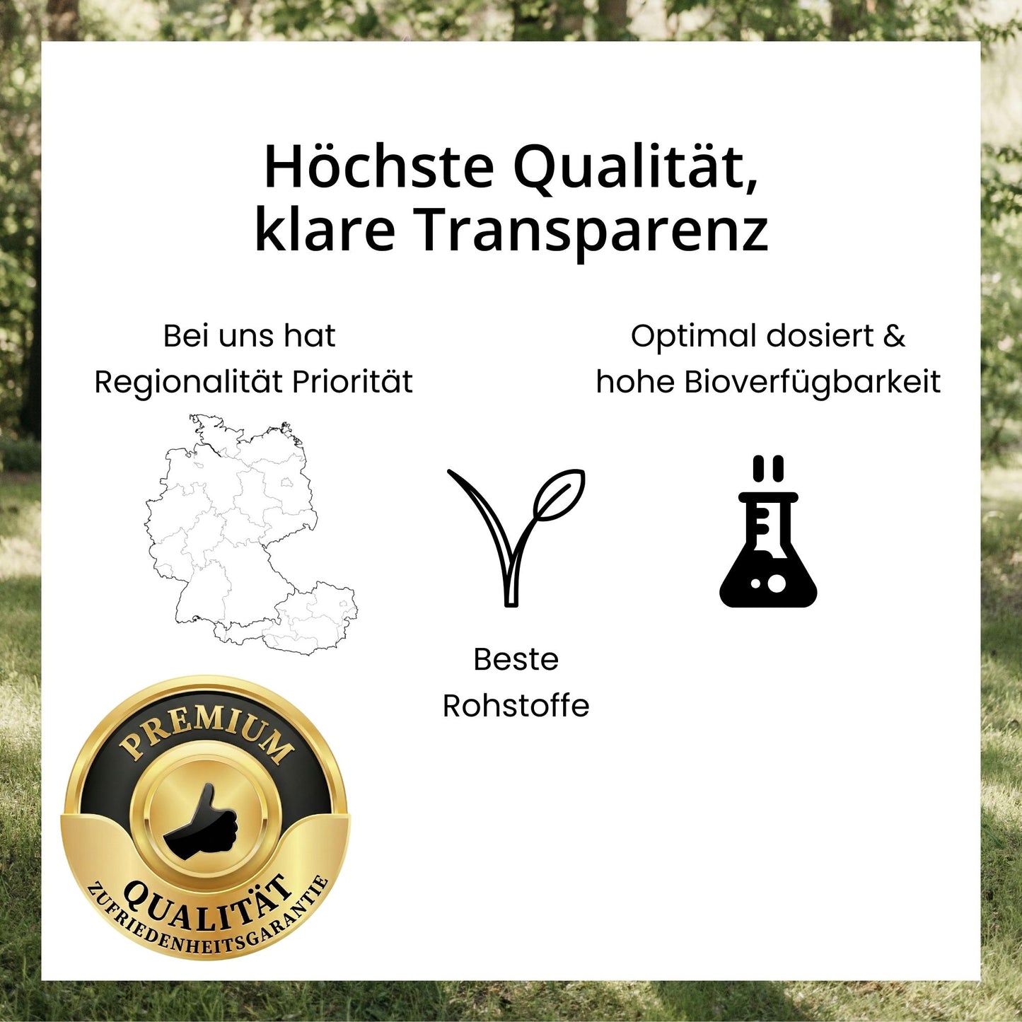 Infografik zur evoVital Qualitätsgarantie für Supplements: Symbolen für Regionalität, hochwertige Rohstoffe und maximale Bioverfügbarkeit – ideal für die anspruchsvolle Menschen ab 30, mit Zufriedenheitsgarantie.