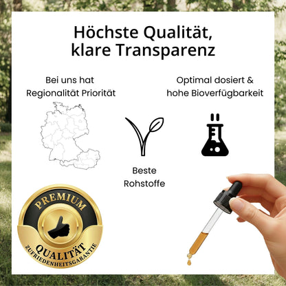 Infografik zu den evoVital Qualitätsmerkmalen: Hochdosierte Premium-Tropfen in MCT-Öl gelöst, hergestellt aus laborgeprüften Rohstoffen für optimale Bioverfügbarkeit, mit Zufriedenheitsgarantie.