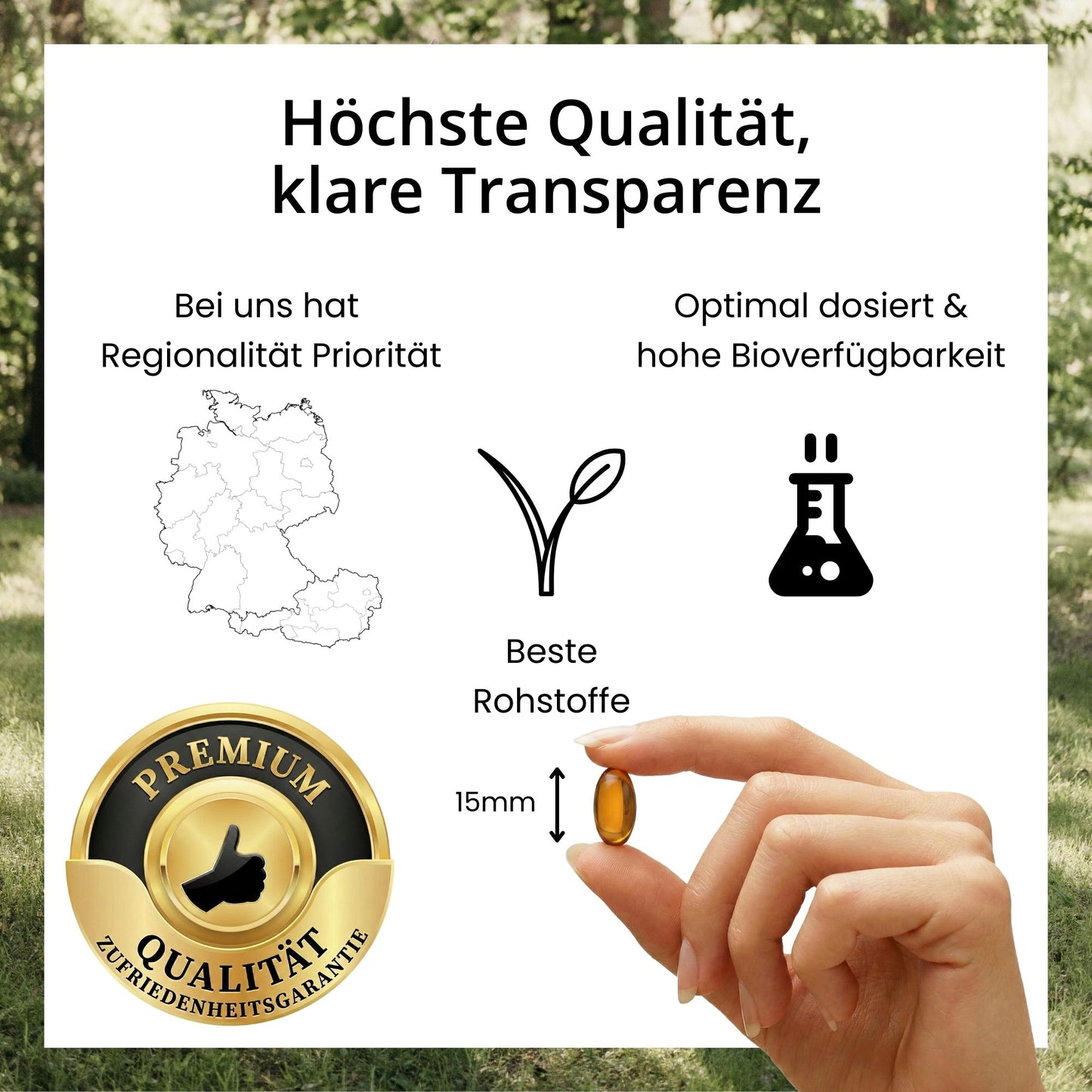 Infografik zu den evoVital Qualitätsmerkmalen: Hochdosierte Premium-Softgel-Kapseln, geruchslos und geschmackslos, hergestellt aus laborgeprüften Rohstoffen, mit Zufriedenheitsgarantie.