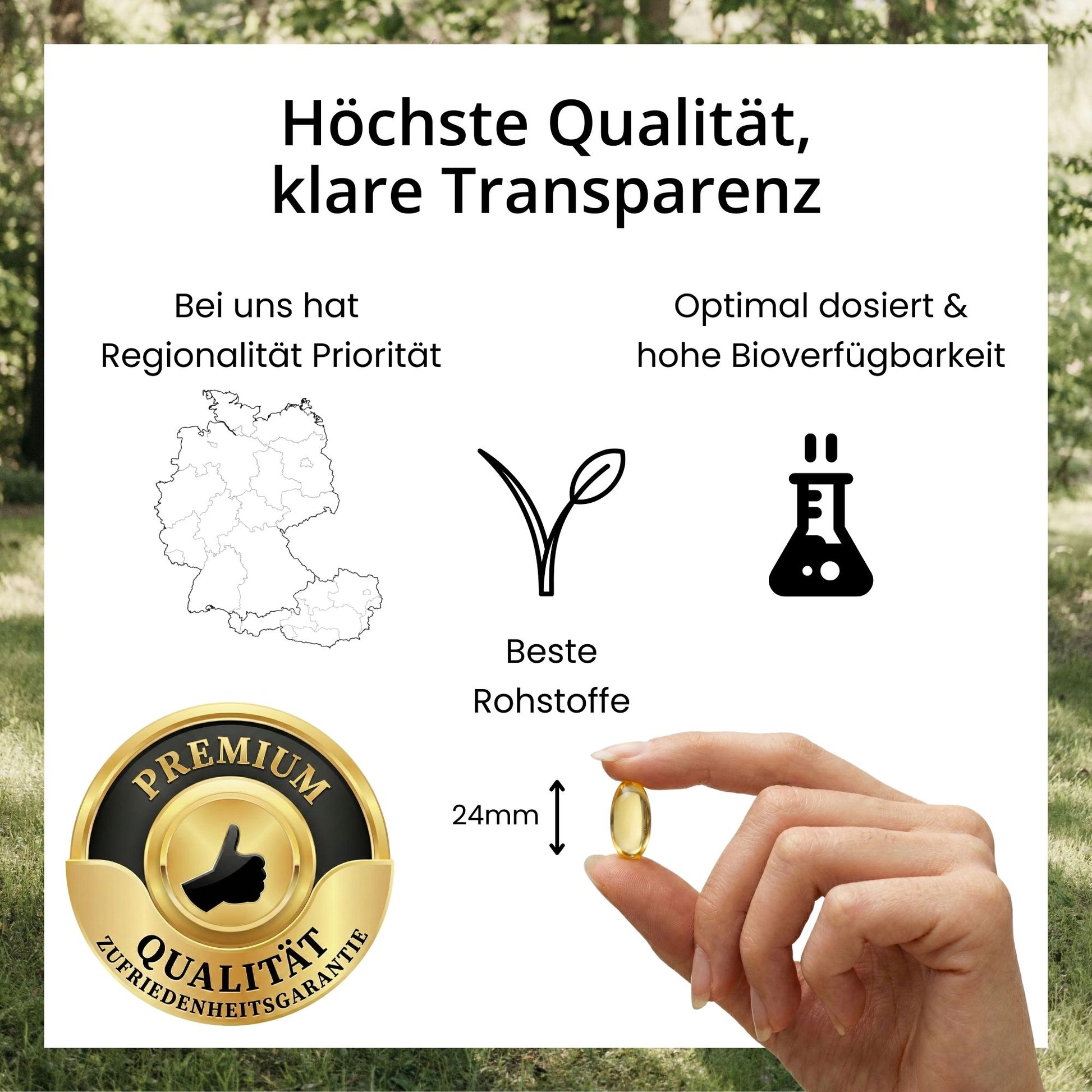 Infografik zu den evoVital Qualitätsmerkmalen: Hochdosierte Premium-Softgel-Kapseln, hergestellt aus laborgeprüften Rohstoffen ohne Geschmack und Geruch, mit Zufriedenheitsgarantie.