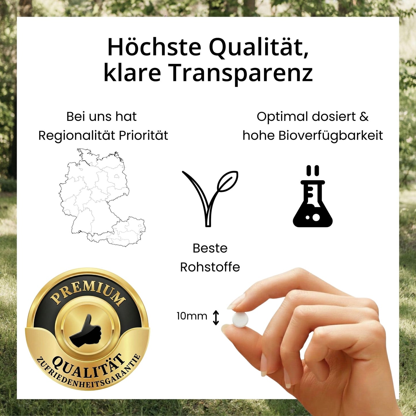 Infografik zu den evoVital Qualitätsmerkmalen: Hochdosierte Premium-Tabletten in veganer Qualität, hergestellt aus laborgeprüften Rohstoffen ohne unnötige Zusatzstoffe, mit Zufriedenheitsgarantie.