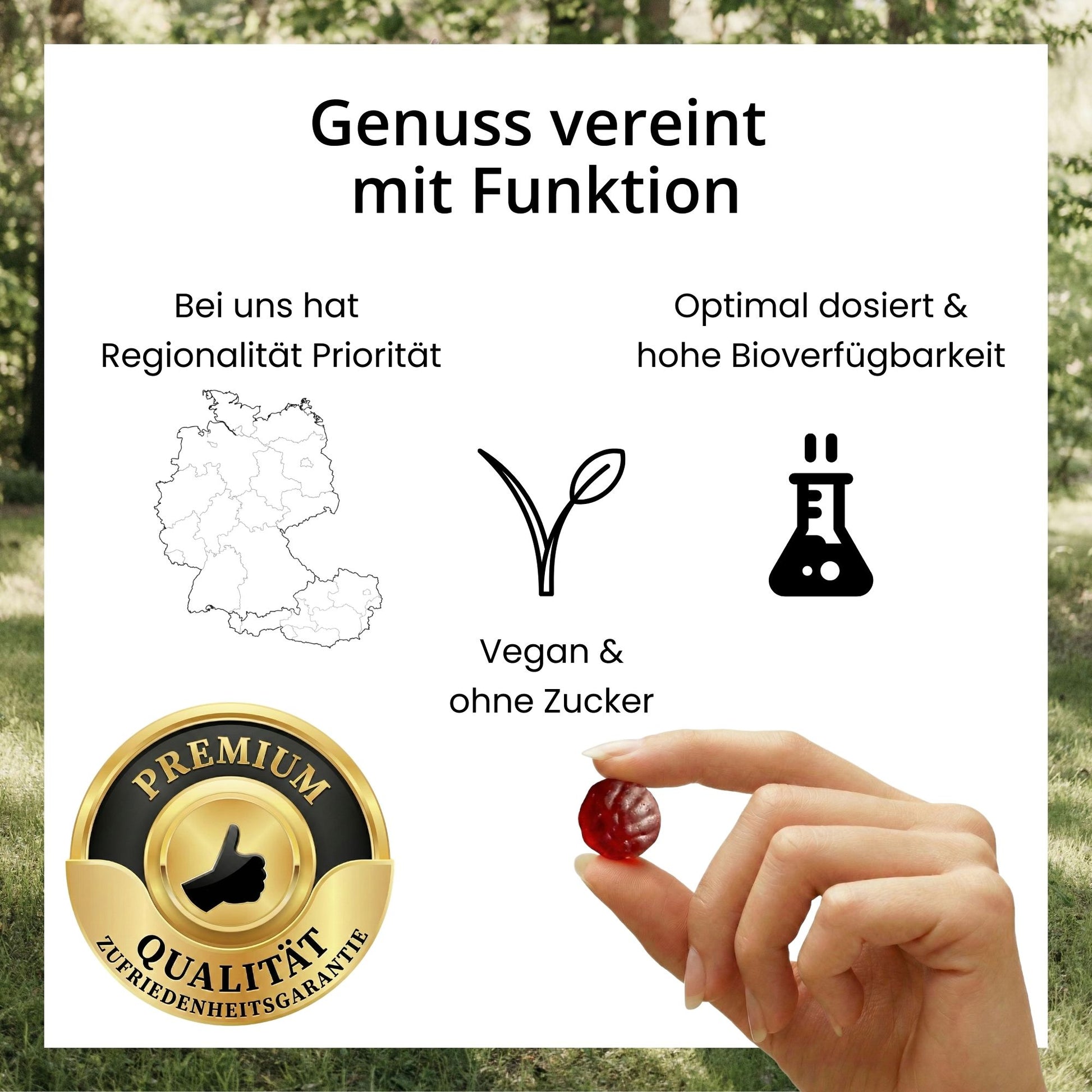 Infografik zu den evoVital Qualitätsmerkmalen: Vegane Premium-Gummies ohne Zuckerzusatz mit leckeren Beeren Geschmack, hergestellt aus laborgeprüften Rohstoffen, mit Zufriedenheitsgarantie.
