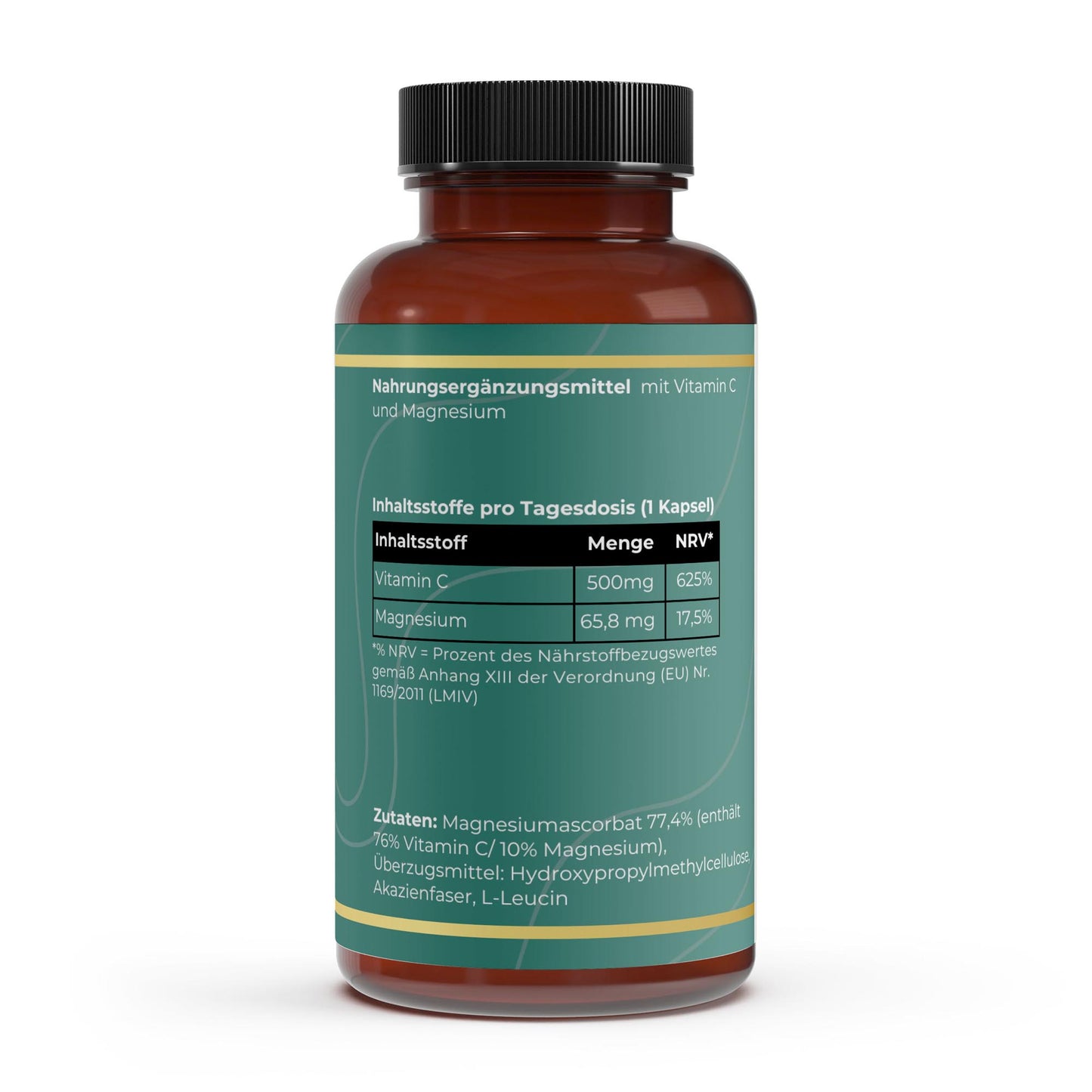 Transparente Übersicht der Inhaltsstoffe pro Portion: Hochdosiertes gepuffertes Vitamin C als Magnesiumascorbat für optimale Verträglichkeit und Bioverfügbarkeit.