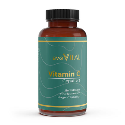 Vorderansicht der evoVital Braunglasflasche mit 240 hochdosierten Vitamin C & Magnesium-Kapseln, gepuffert und magenfreundlich, vegan und bioverfügbar.