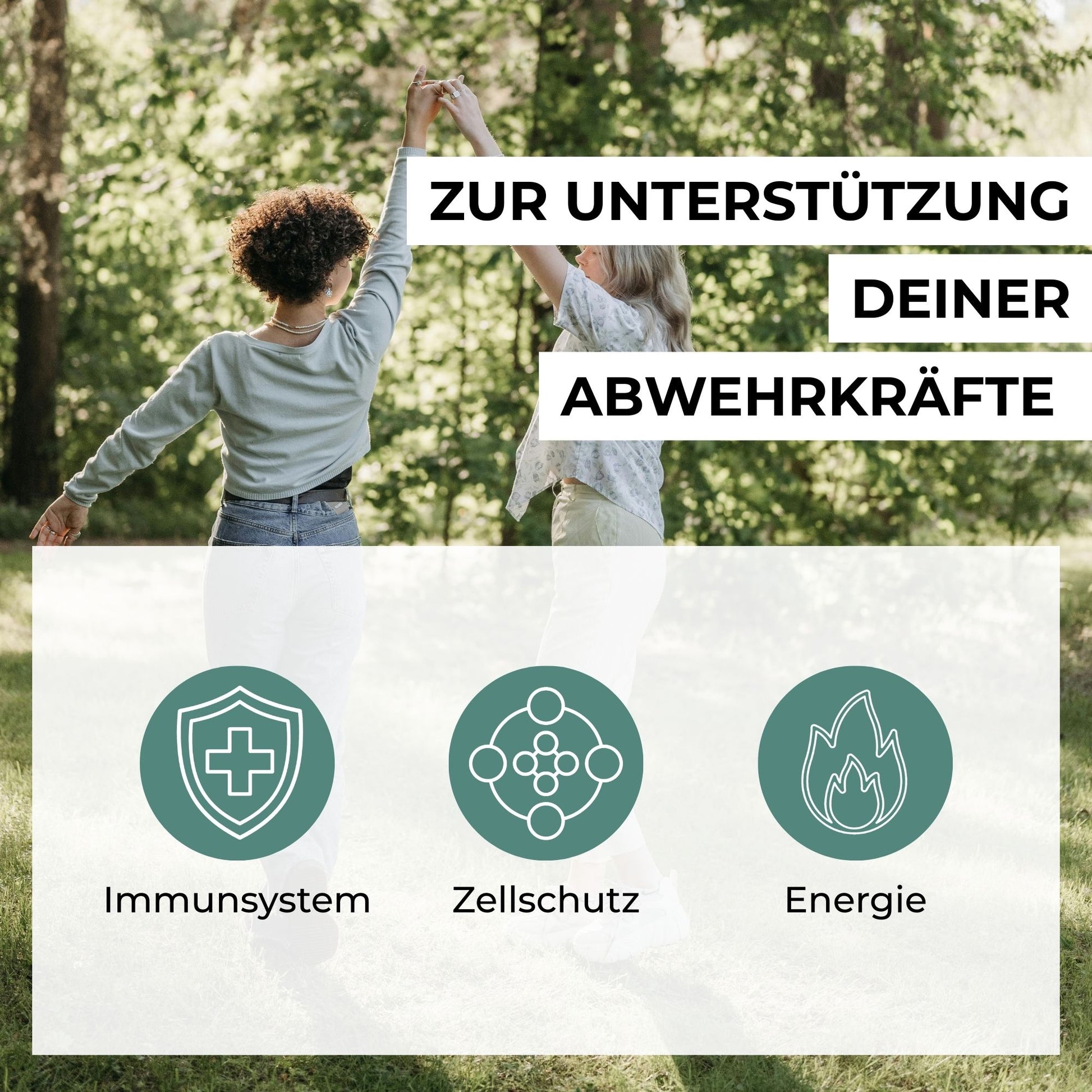 Infografik zu den Vorteilen von Vitamin C & Magnesium: Unterstützung für Immunsystem, Kollagenbildung, Zellschutz und Verringerung von Müdigkeit.