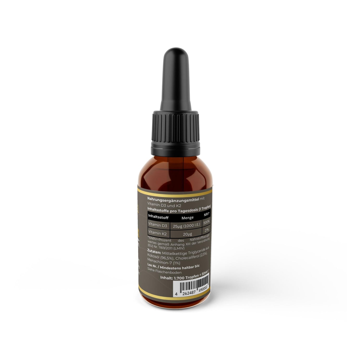 Transparente Übersicht der Inhaltsstoffe pro Portion: Hochdosiertes Vitamin D3 und K2 gelöst in hochwertigem MCT-Öl aus Kokosnüssen.