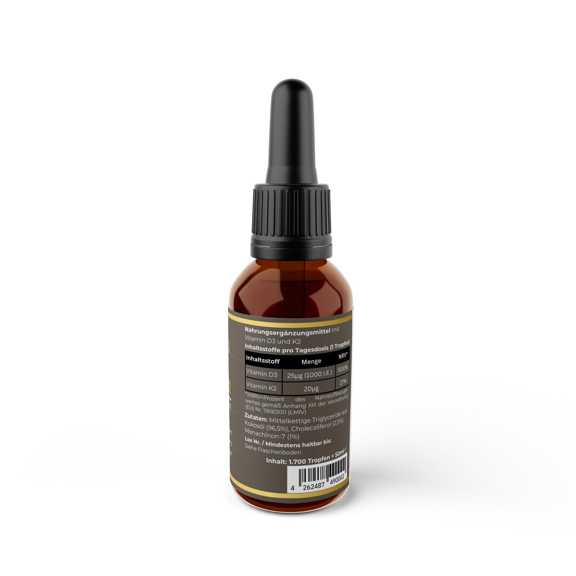 Transparente Übersicht der Inhaltsstoffe pro Portion: Hochdosiertes Vitamin D3 und K2 gelöst in hochwertigem MCT-Öl aus Kokosnüssen.