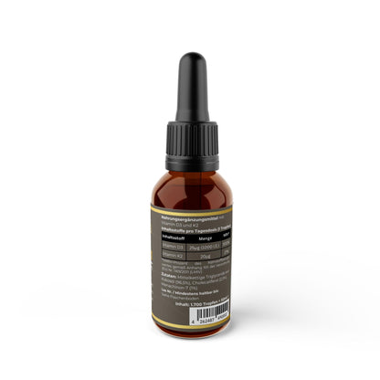 Transparente Übersicht der Inhaltsstoffe pro Portion: Hochdosiertes Vitamin D3 und K2 gelöst in hochwertigem MCT-Öl aus Kokosnüssen.