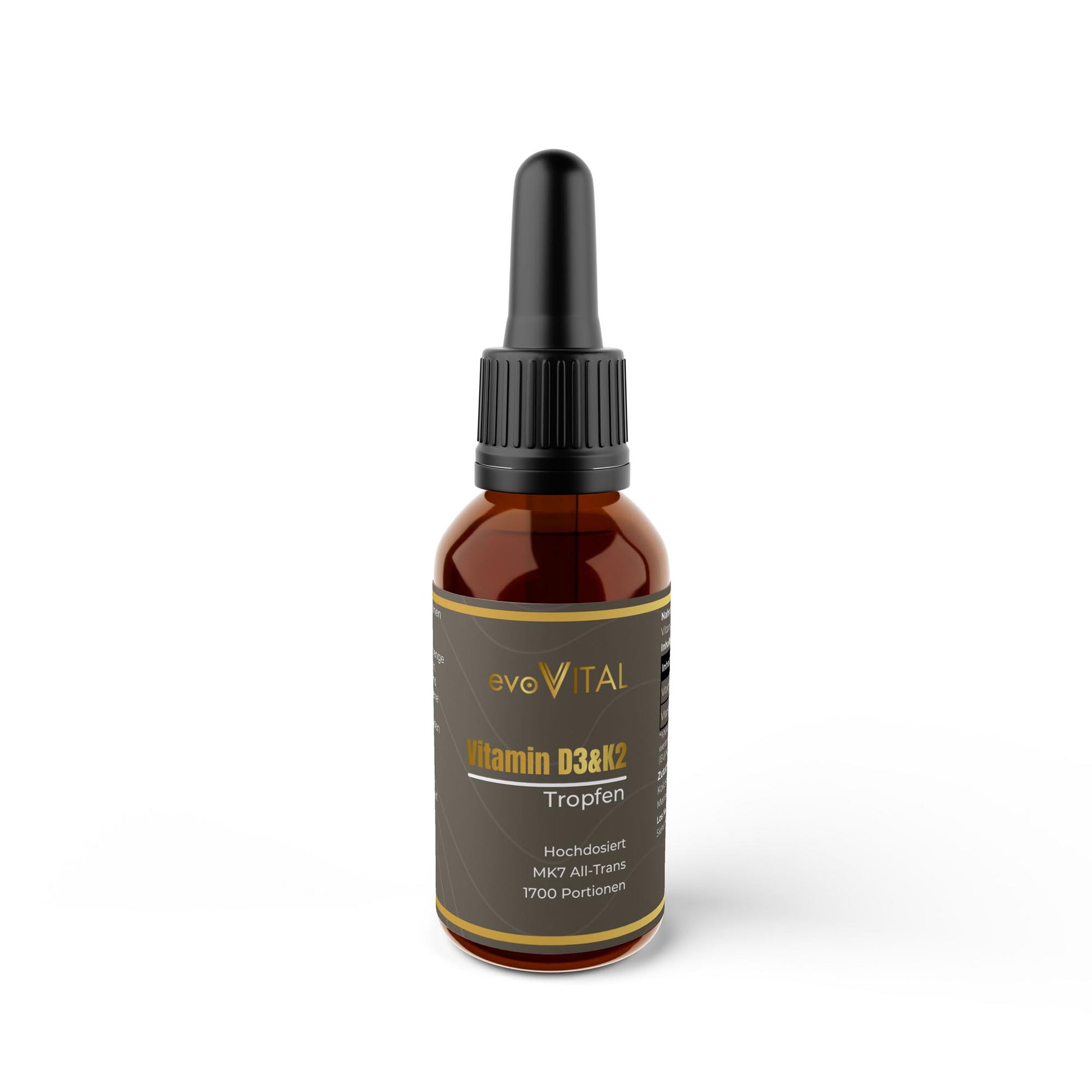 Vorderansicht der evoVital Vitamin D3 & K2 Tropfen-Flasche mit 50ml hochdosiertem flüssigem Vitamin D3 und K2 in MCT-Öl für 1700 Portionen.