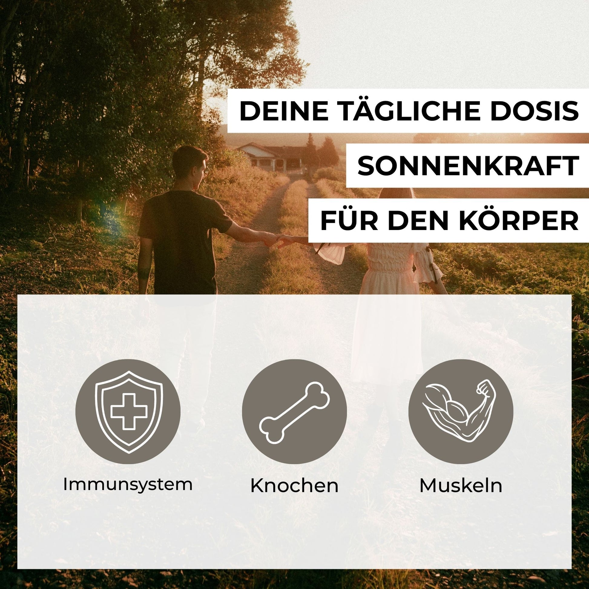 Infografik zu den Vorteilen von Vitamin D3 & K2: Unterstützung für normale Knochen, Immunsystem, Muskelfunktion und Blutgerinnung in MCT-Öl.