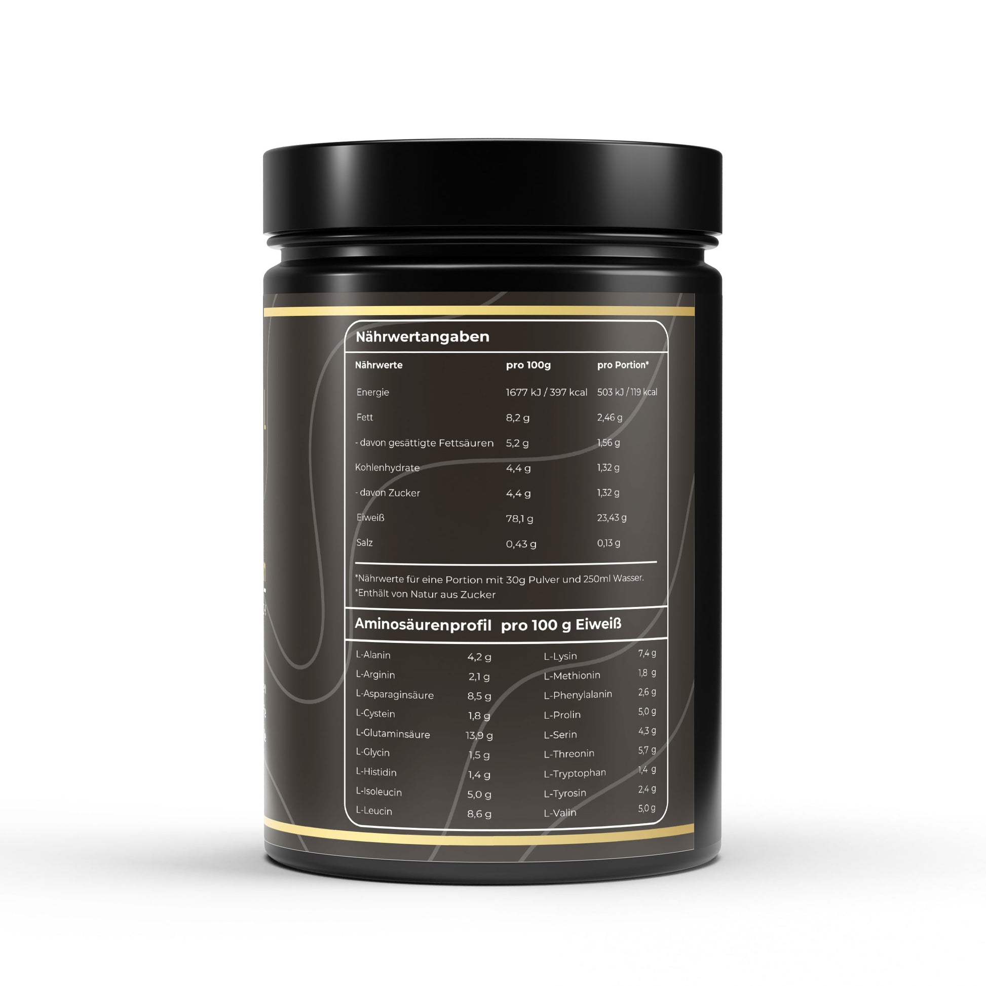 Transparente Übersicht der Inhaltsstoffe pro Portion: Hochwertiges Molkeprotein mit vollständigem Aminosäurenprofil in ohne Zuckerzusatz.