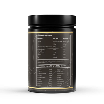 Transparente Übersicht der Inhaltsstoffe pro Portion: Hochwertiges Molkeprotein mit vollständigem Aminosäurenprofil in ohne Zuckerzusatz.