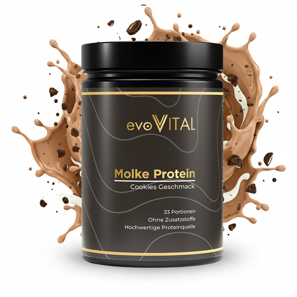 Vorderansicht des evoVital Molke-Protein-Doypacks mit 1kg Whey-Protein-Pulver in Cookie-Geschmack, hochdosiert und ohne Zuckerzusatz für 33 Portionen.