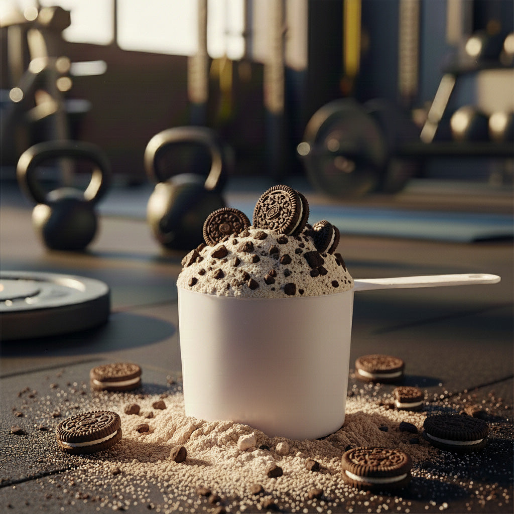 Lifestyle-Aufnahme: Der Messlöffel mit Whey-Protein-Pulver in Cookie-Geschmack als tägliches Supplement für Muskelaufbau und Regeneration.