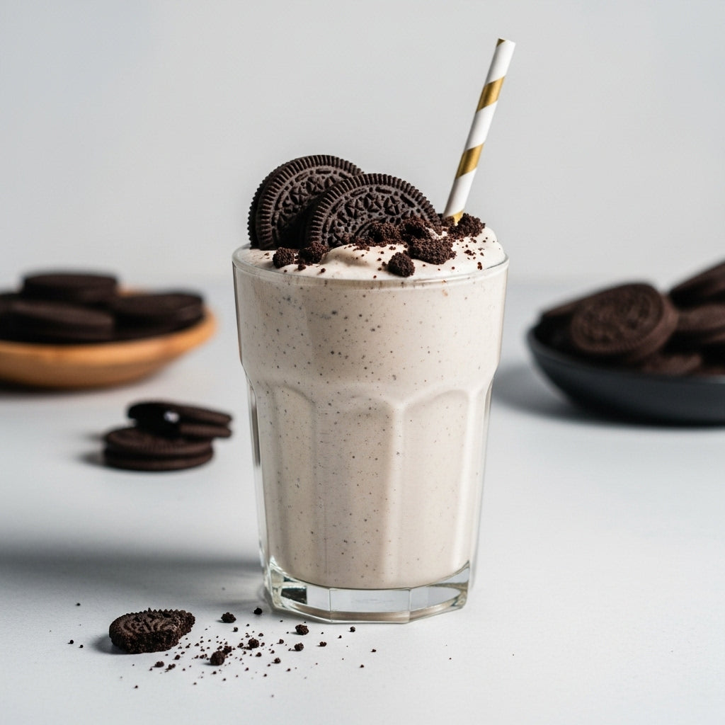 Ein Glas mit cremigem Whey-Protein-Shake in Cookie-Geschmack für Muskelaufbau und Regeneration, ohne Zuckerzusatz.