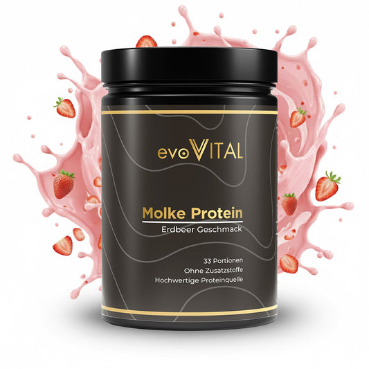 Vorderansicht des evoVital Molke-Protein-Doypacks mit 1kg Whey-Protein-Pulver in Erdbeer-Geschmack, hochdosiert und ohne Zuckerzusatz für 33 Portionen.