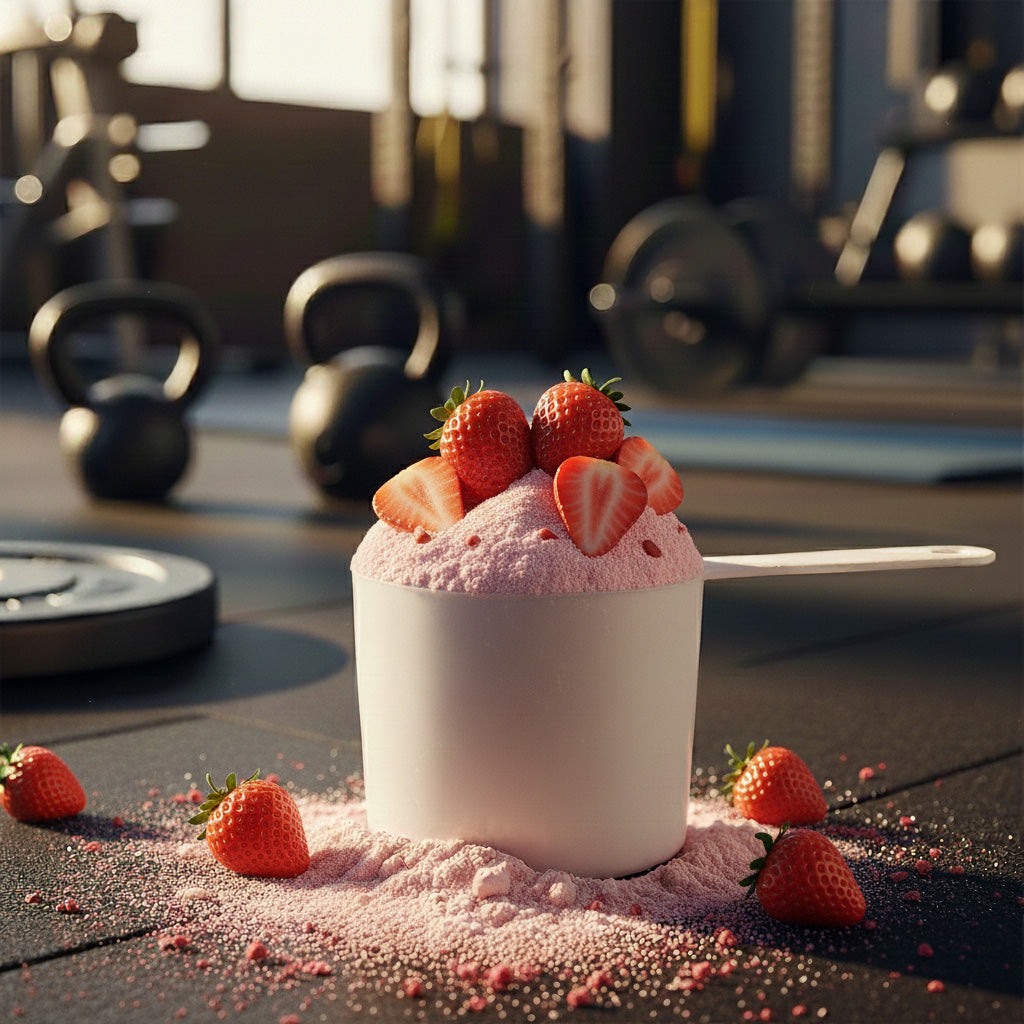 Lifestyle-Aufnahme: Der Messlöffel mit Whey-Protein-Pulver in Erdbeer-Geschmack als tägliches Supplement für Muskelaufbau und Regeneration.