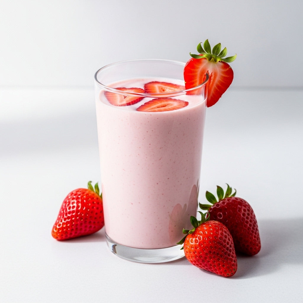 Ein Glas mit cremigem Whey-Protein-Shake in Erdbeer-Geschmack für Muskelaufbau und Regeneration, ohne Zuckerzusatz.