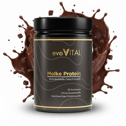 Vorderansicht des evoVital Molke-Protein-Doypacks mit 1kg Whey-Protein-Pulver in Schokoladen-Geschmack, hochdosiert und ohne Zuckerzusatz für 33 Portionen.