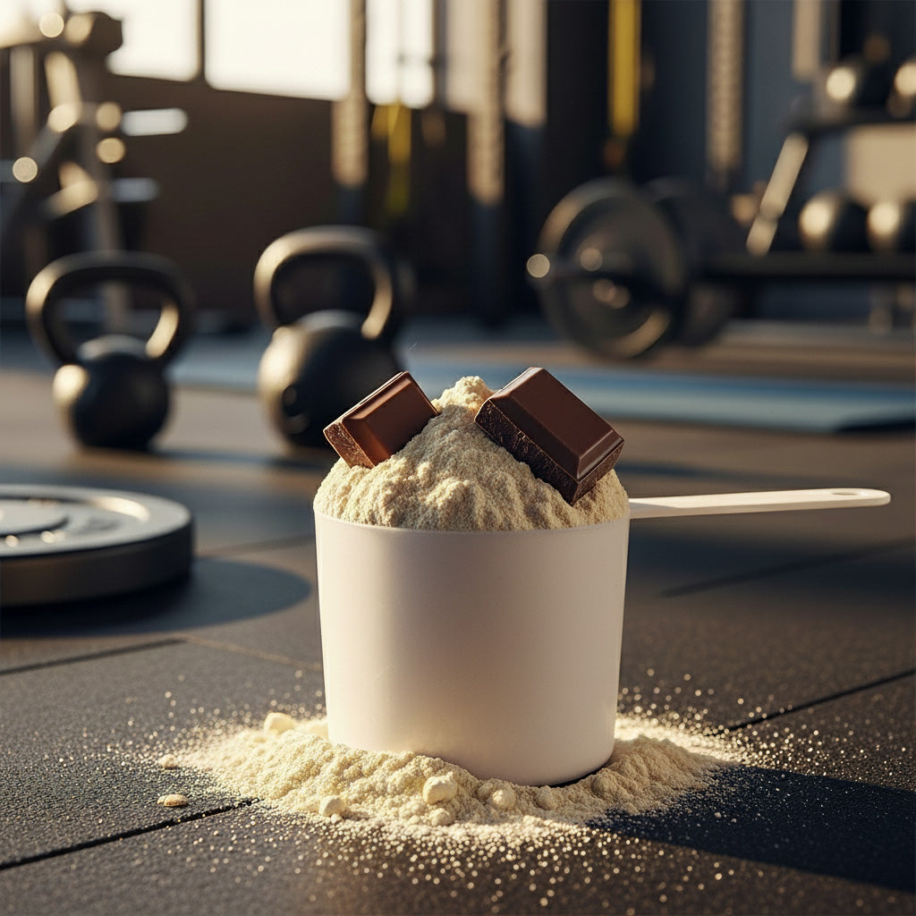 Lifestyle-Aufnahme: Der Messlöffel mit Whey-Protein-Pulver in Schokoladen-Geschmack als tägliches Supplement für Muskelaufbau und Regeneration.