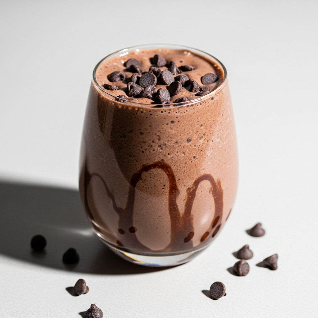 Ein Glas mit cremigem Whey-Protein-Shake in Schokoladen-Geschmack für Muskelaufbau und Regeneration, ohne Zuckerzusatz.