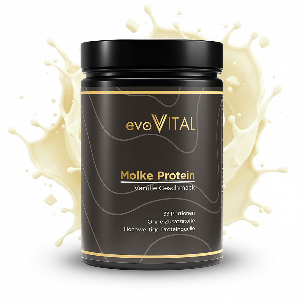 Vorderansicht des evoVital Molke-Protein-Doypacks mit 1kg Whey-Protein-Pulver in Vanille-Geschmack, hochdosiert und ohne Zuckerzusatz für 33 Portionen.