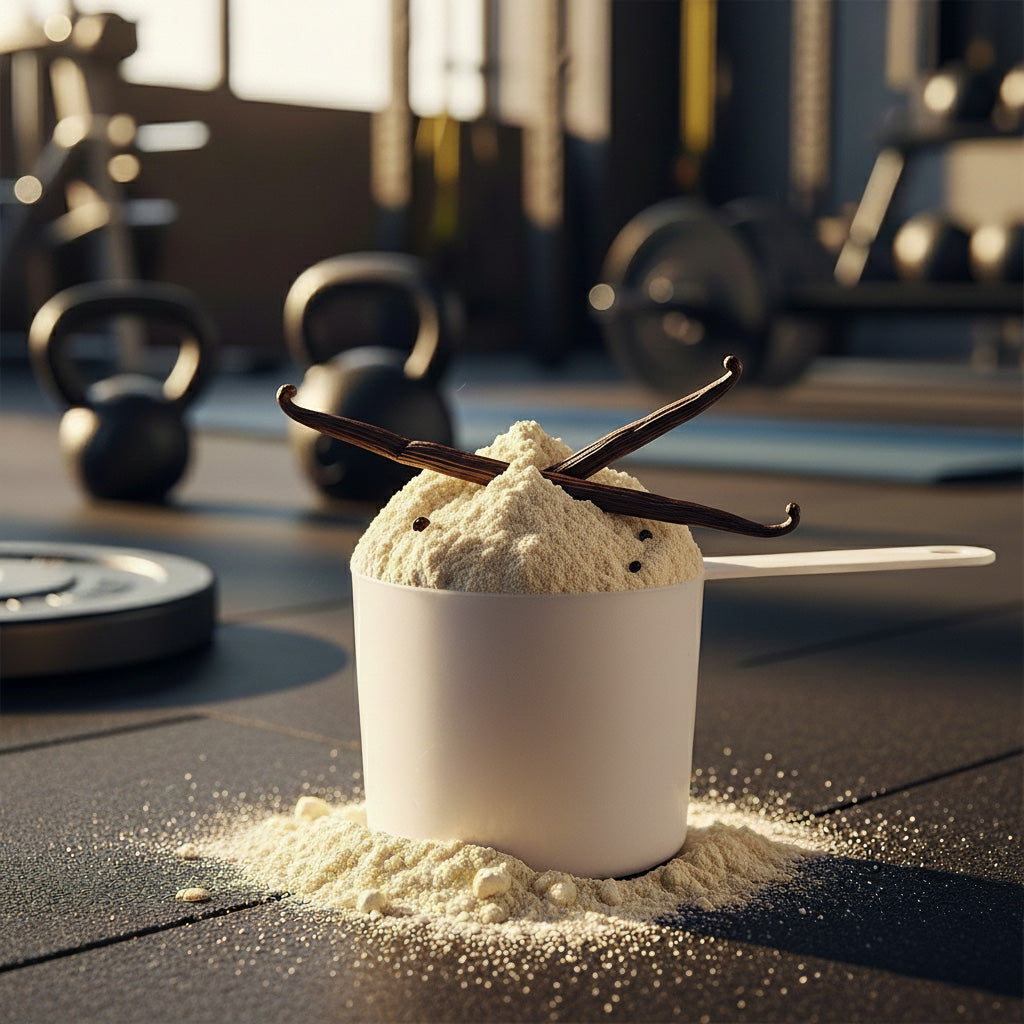 Lifestyle-Aufnahme: Der Messlöffel mit Whey-Protein-Pulver in Vanille-Geschmack als tägliches Supplement für Muskelaufbau und Regeneration.